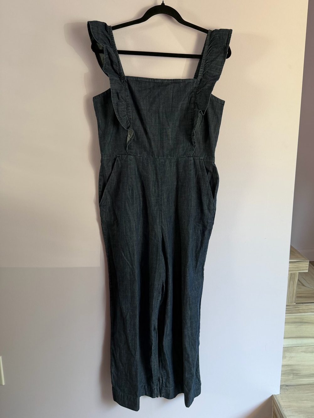 NWT Gap Dark Chambray Denim Ruffle Jumpsuit 10